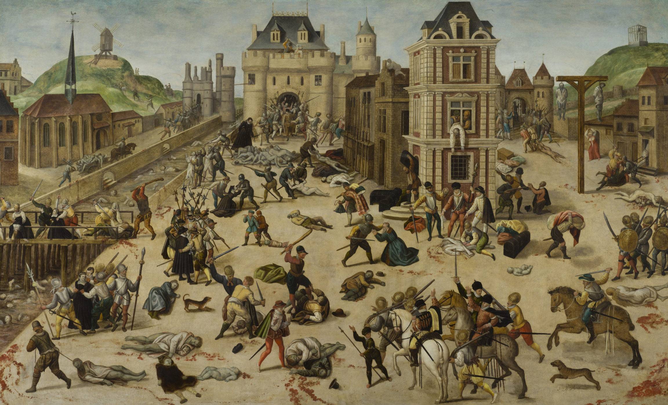 This dramatic painting depicts the massacre of thousands of Huguenots in Paris during the St. Bartholomew’s Day Massacre, a pivotal event in the French Wars of Religion.